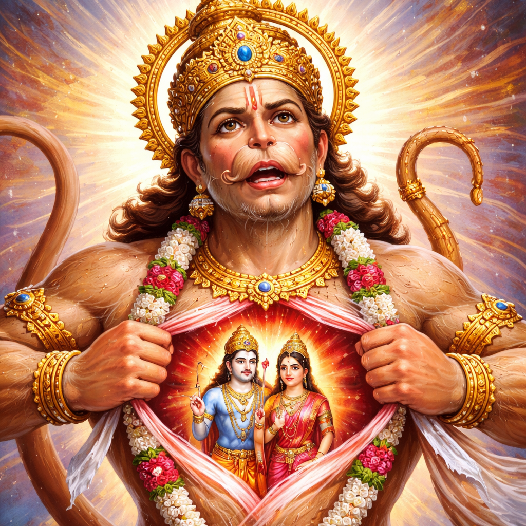 Illustrative image of Lord Hanuman Ji tearing his chest with Lord Ram and Sita inside giving blessings.